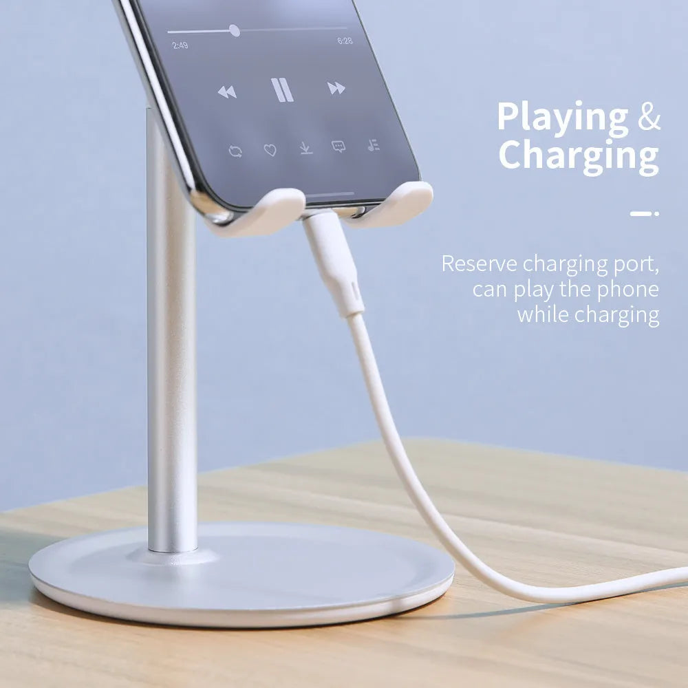 Aluminium alloy mobile phone and tablet desktop stand in black or white.