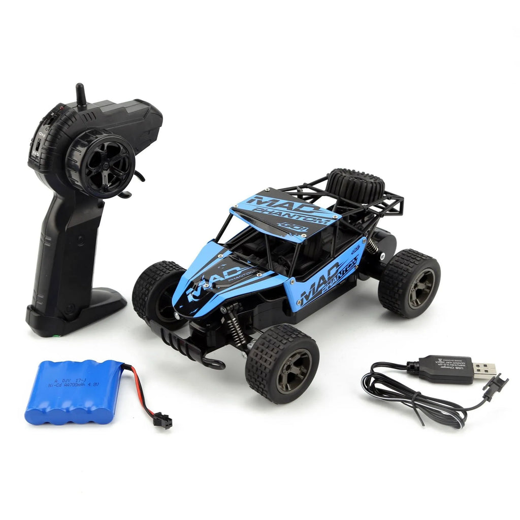 Blue 1:18 scale remote control off-road drift car with 2.4G transmitter on a track