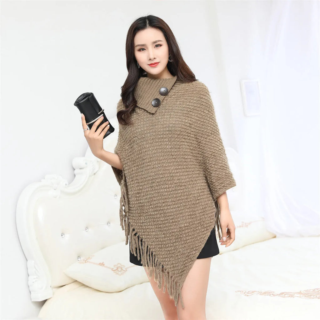 Dotted pattern sleeveless knit shawl cloak in apricot colour, free size European fashion outerwear