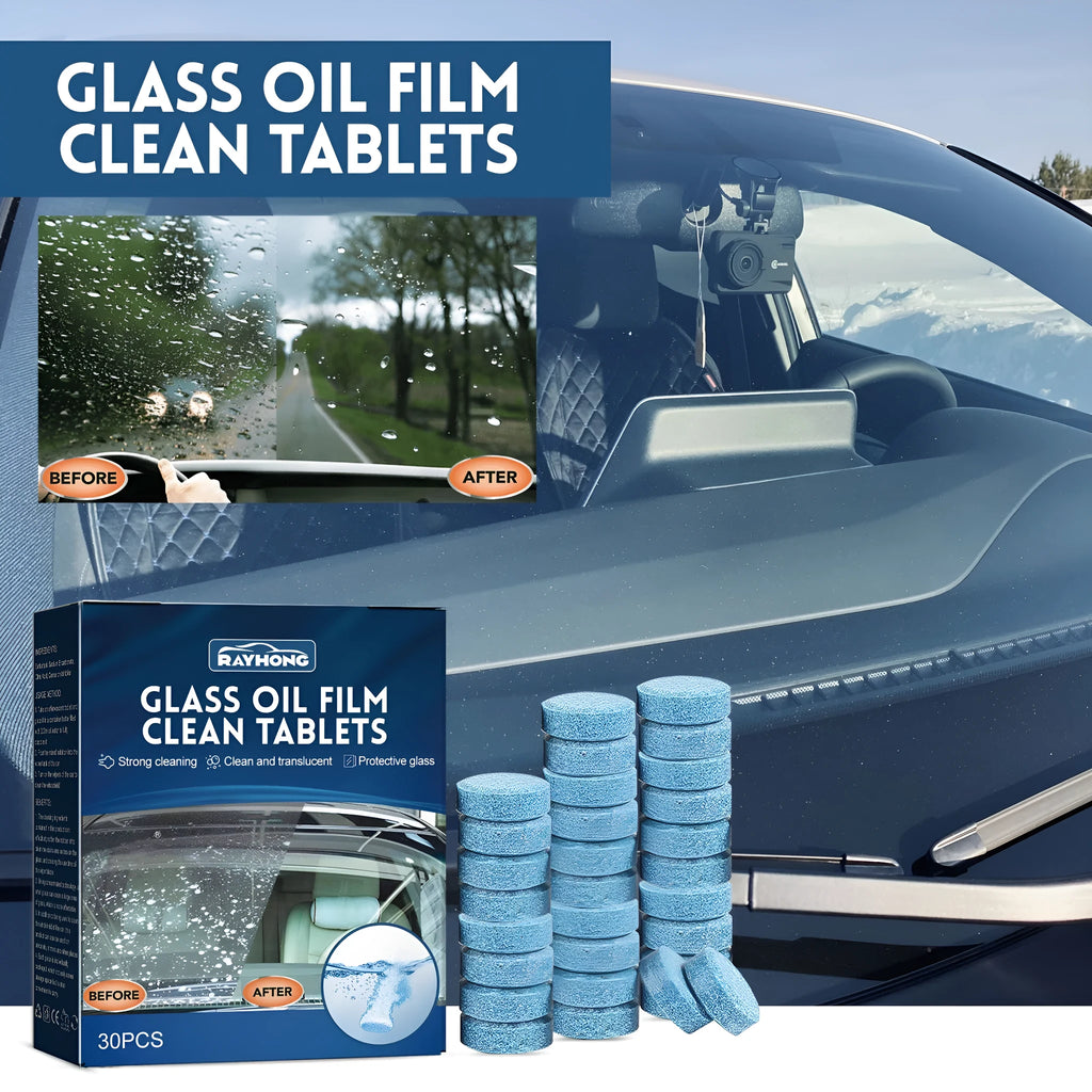 Box of 30 car oil-removing film cleaning effervescent tablets for windscreen maintenance
