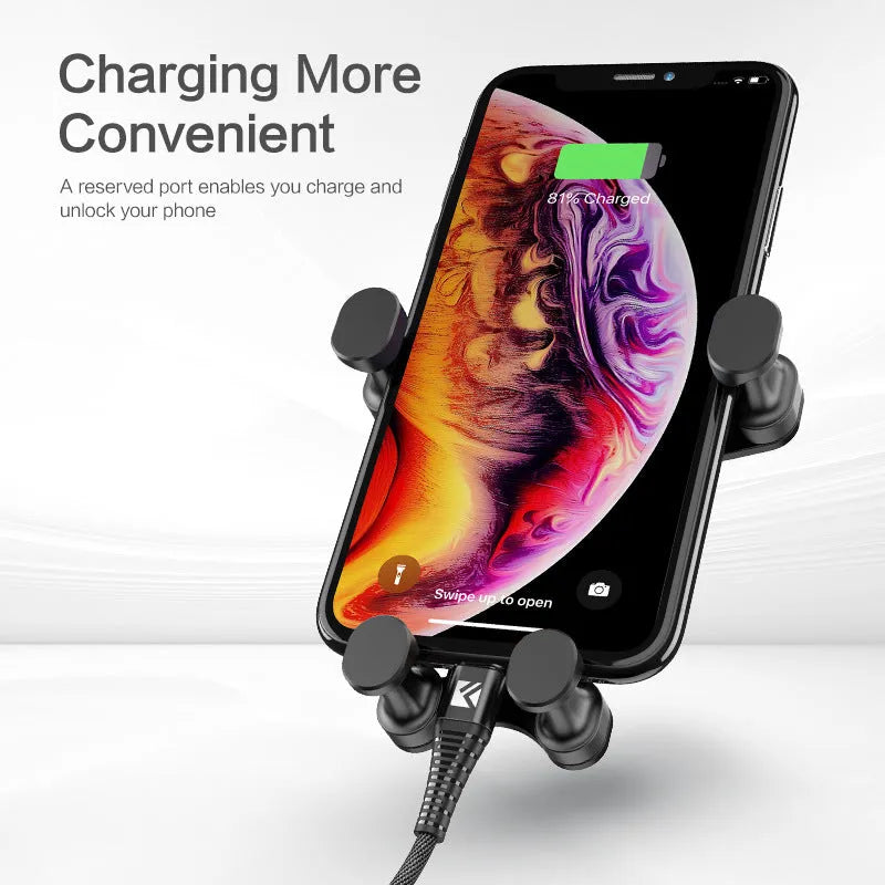 Black car air vent phone holder with 360-degree rotating bracket on a grey background.
