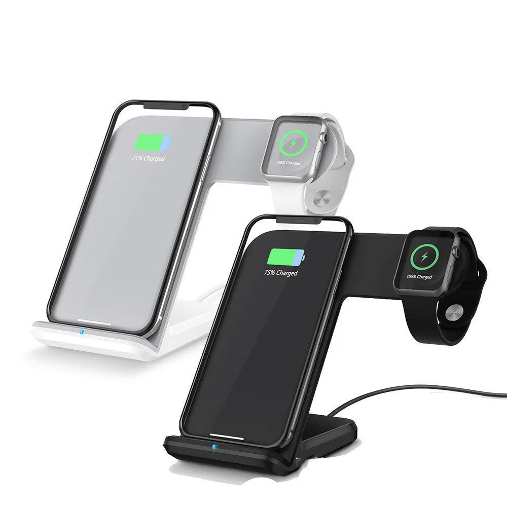Black wireless phone charger on table with silicone surface and dimensions 140mm by 121mm by 105mm