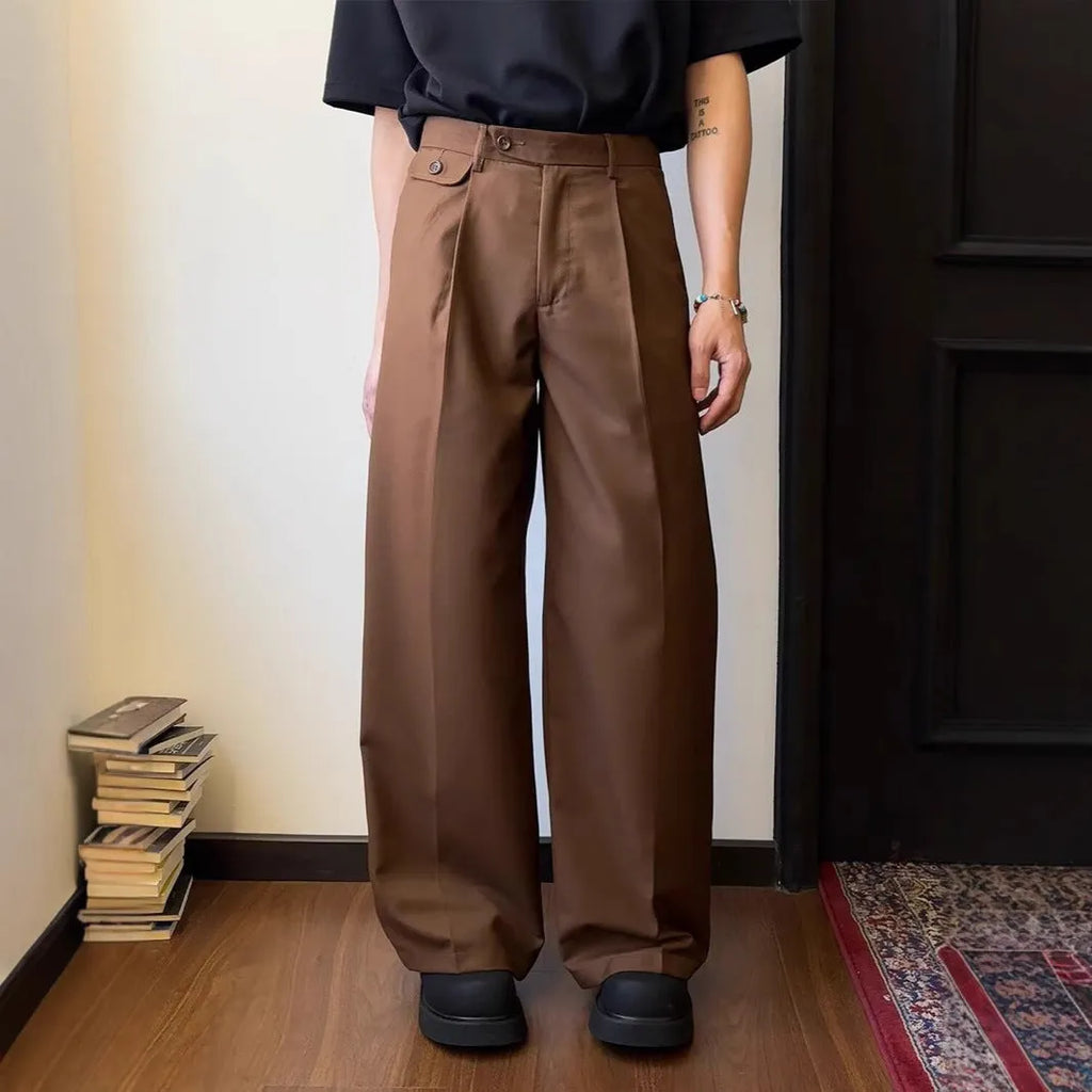Men's straight-leg trousers with loose wide-leg design in brown or black colour options