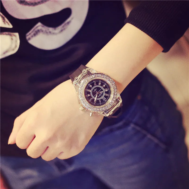 Women's LED luminous quartz watch with silicone strap and 43mm round dial