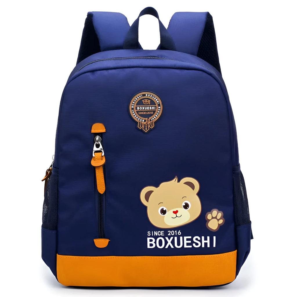 Cartoon bear schoolbag for nursery school children in deep blue and mei red colour options.