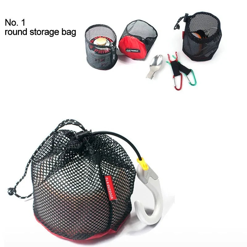 Red outdoor travel storage bag set with five organisers showing zipper closures and multiple internal pockets