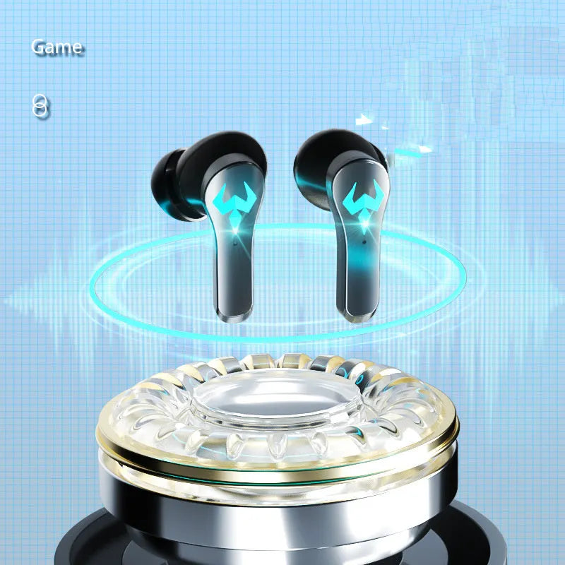 Black wireless in-ear stereo headset with 10m Bluetooth 5.0 range and bilateral audio for sports and gaming