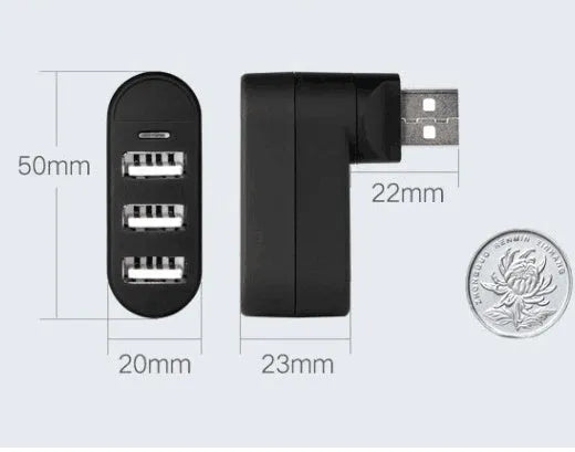 Black USB splitter hub with four 2.0 ports and 15cm cable on wooden desk