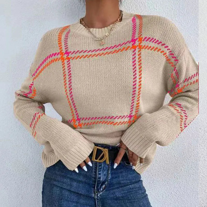 Women's plaid colour-block crew neck sweater showing apricot, black, beige, red, and green stripe options