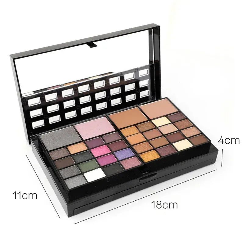 74-colour makeup set with 4-layer compact, eyeshadows, lip glosses, and brushes on display