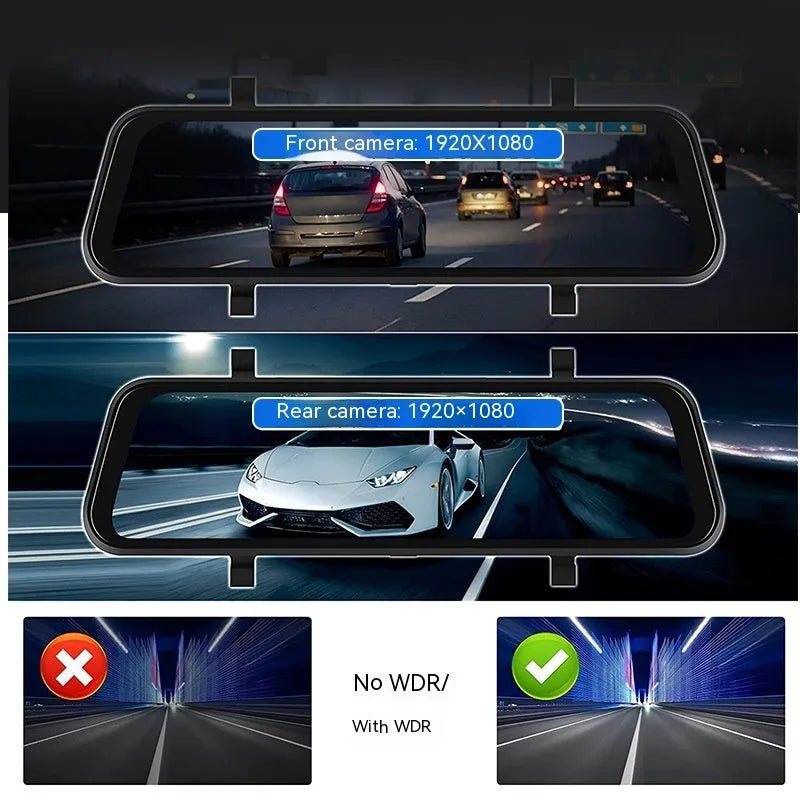 Black 9-inch portable car GPS navigation system with touch screen and dual camera recording