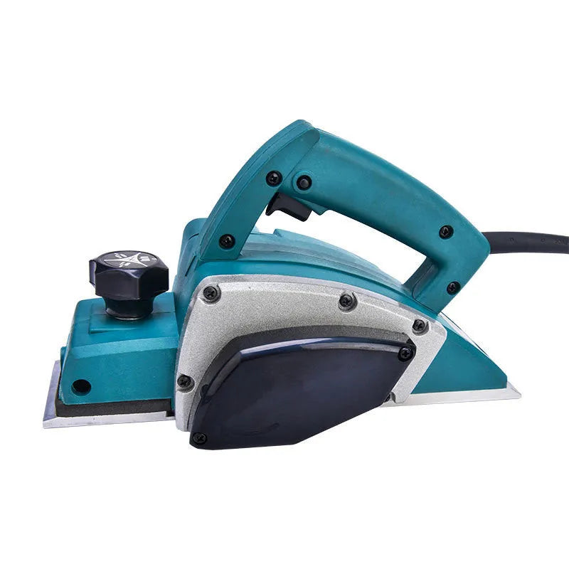 Red electric push planer with aluminium body, 82mm planing width, for woodworking tasks