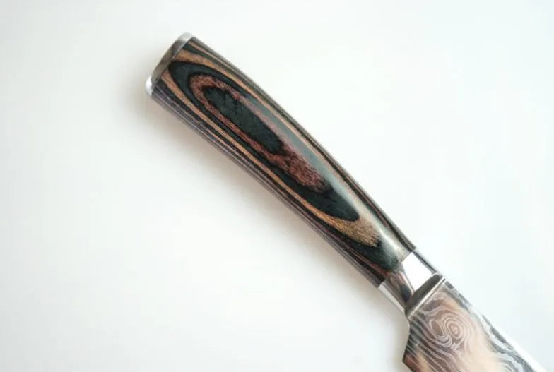 Santoku chef knife with laser Damascus pattern blade and coloured wood handle, blade length 7 inches.