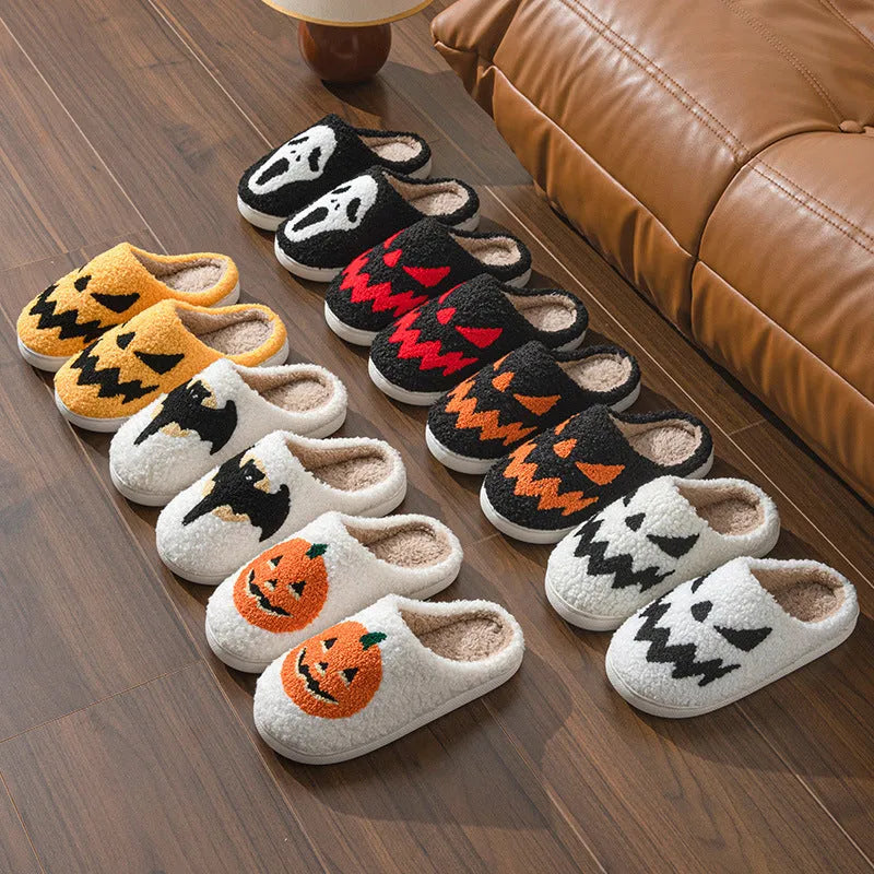 Halloween couple indoor slippers with ghost face embroidery in suede and PVC sole