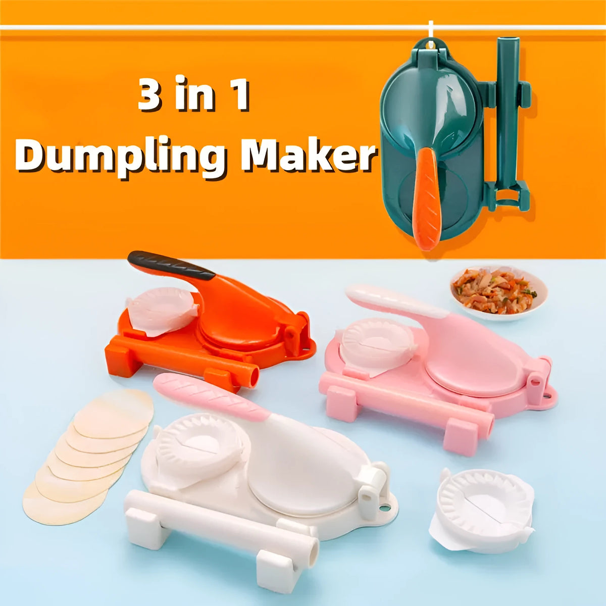 3 in 1 plastic dumpling maker set with two dumpling props and white rolling pin in orange, green, white or pink