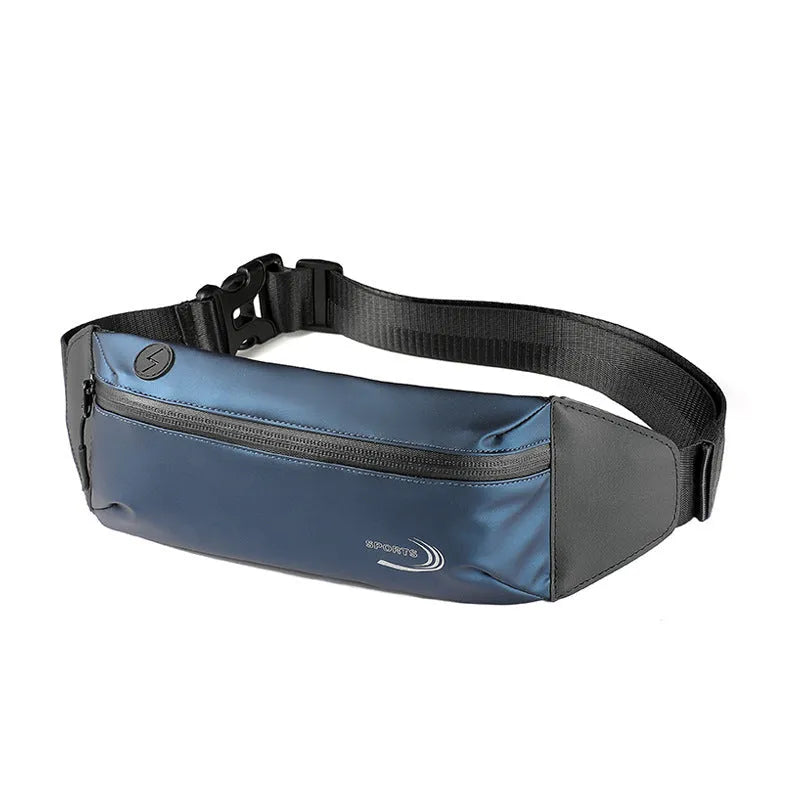 Men's blue waterproof sports waist bag showing 45cm length and adjustable strap