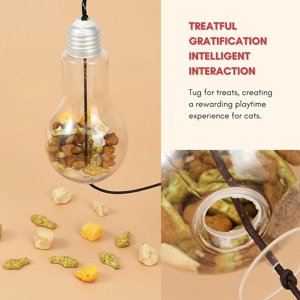 Interactive hanging cat toy with retractable elastic rope and treat reward bulb mounted on door frame