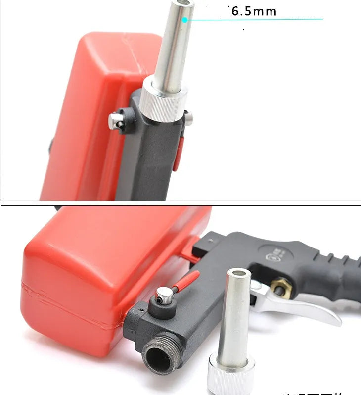 Portable gravity-fed pneumatic sandblasting gun with 6.5mm nozzle in black or blue colour