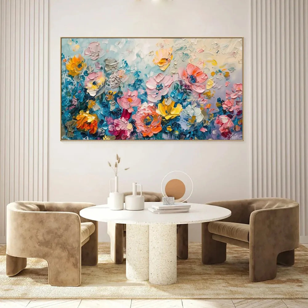 Handmade handpainted rose oil painting on canvas, large horizontal flower wall art without frame