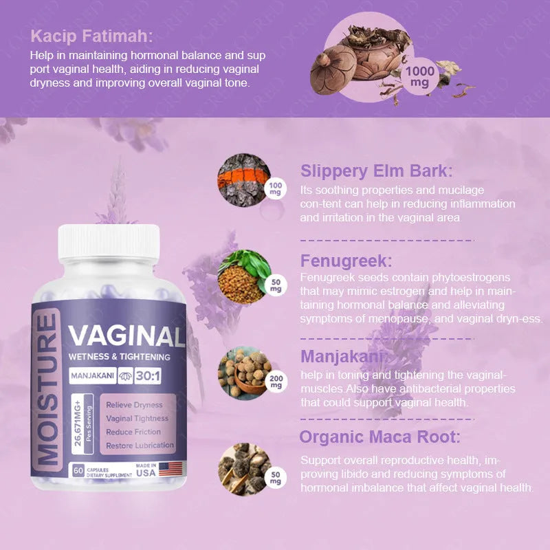 Sealed bottle of 60 vaginal capsules for women's intimate health, herbal extract supplement.