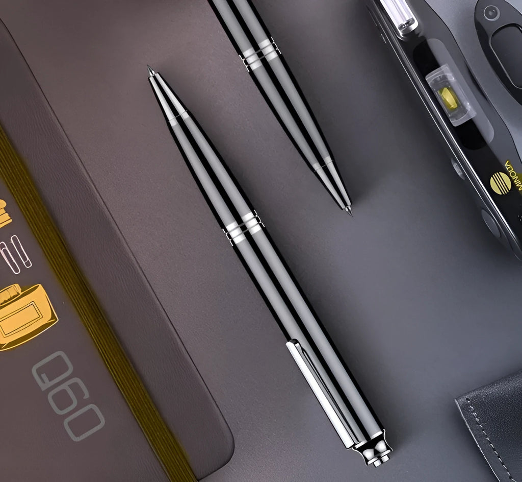 Black pen-style USB voice recorder MP3 player showing 120mm length and integrated USB connector.