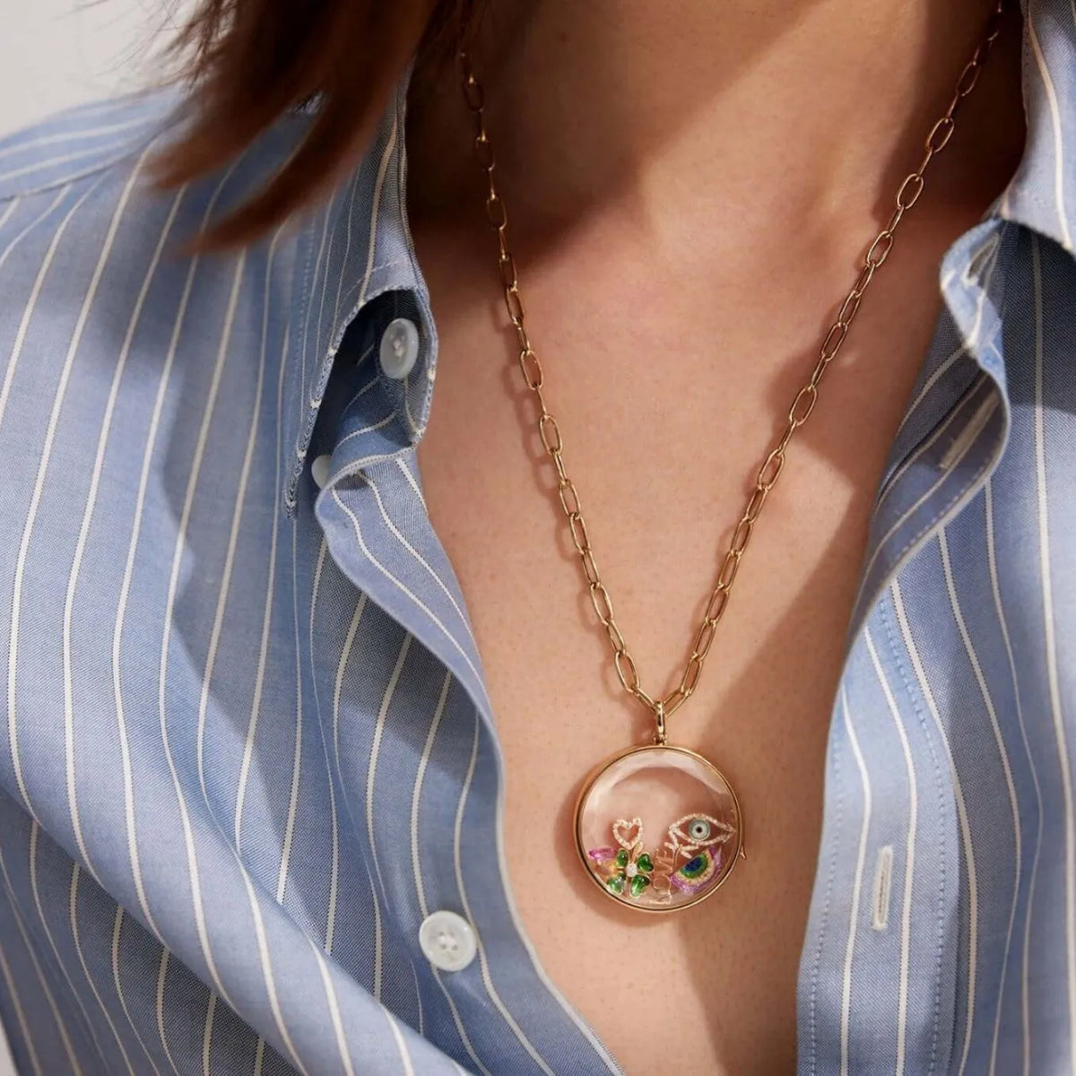Small heart pendant necklace with mixed gem inlay, 5mm pendant, and 45+5cm copper clavicle chain