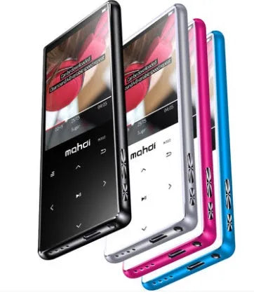 Black portable MP3 player with 2.4-inch touch screen showing music playlist, placed on a desk