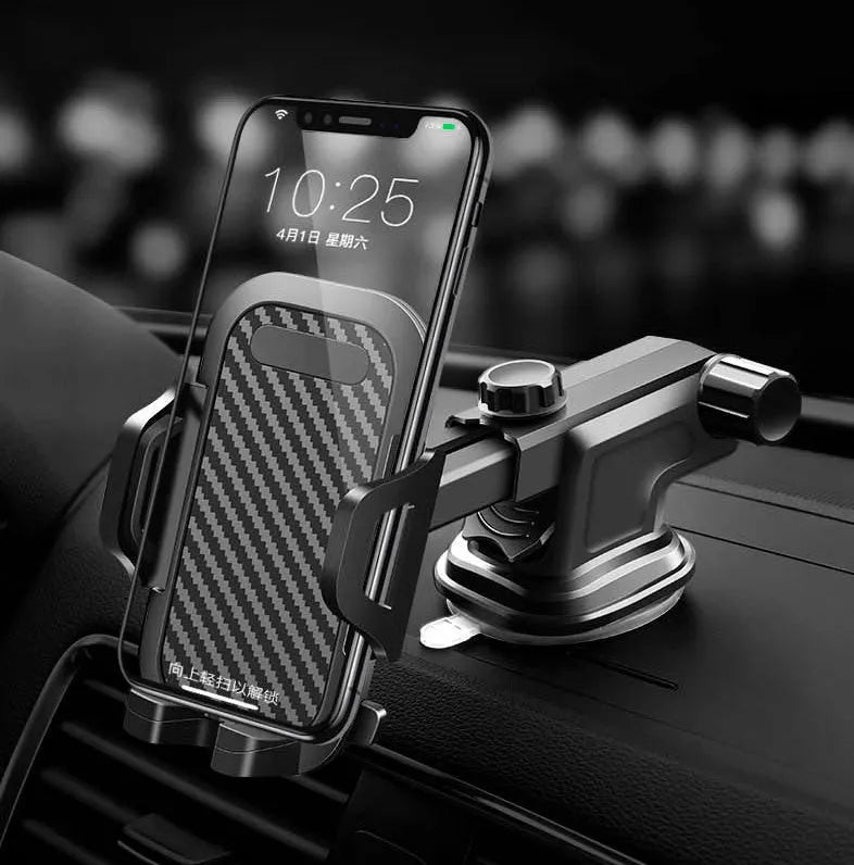 Black car phone holder with adjustable clamp for phones 4.0-7.0 inches wide
