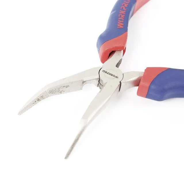 Blue handled curved nose pliers with angled tips for electronics and jewellery work
