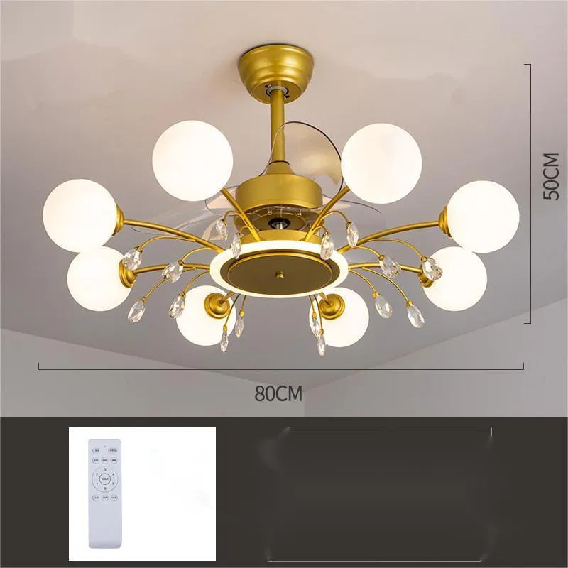Gold ceiling fan lamp with metal blades and acrylic lampshade, showing remote control for tri-colour lighting and airflow adjustment