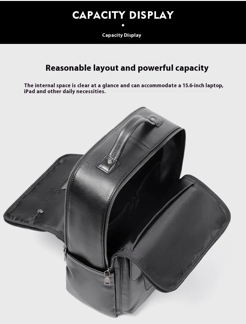 Men's black genuine leather large capacity computer backpack with woven details.