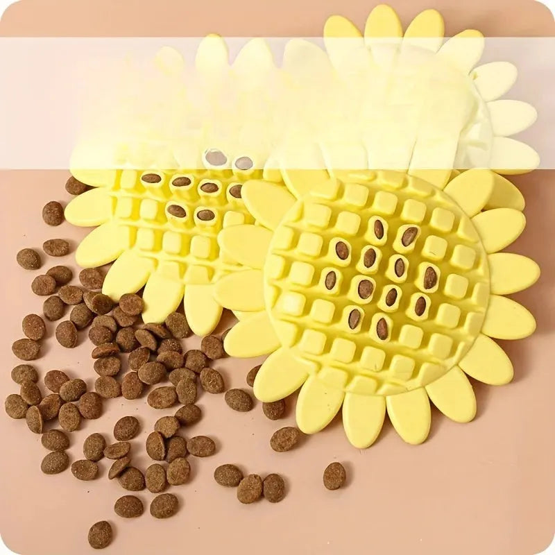 Yellow rubber sunflower-shaped dog chew toy with textured petals.