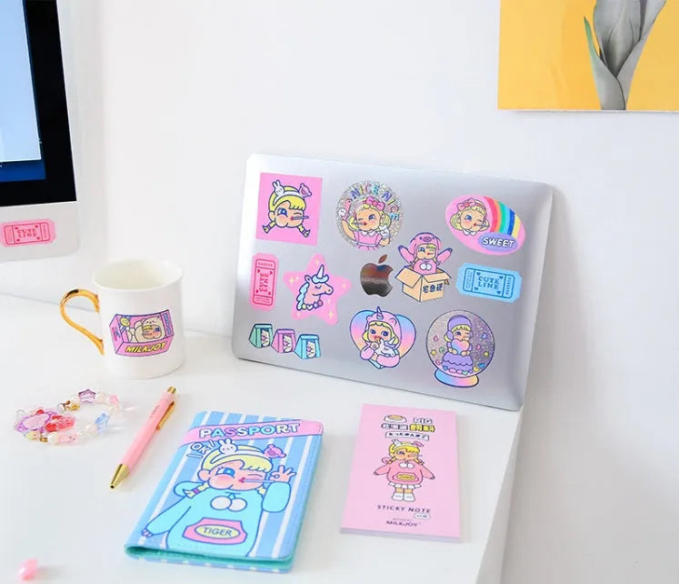 Set of 16 square Korean-style cute cartoon PVC stickers inside a transparent storage box.