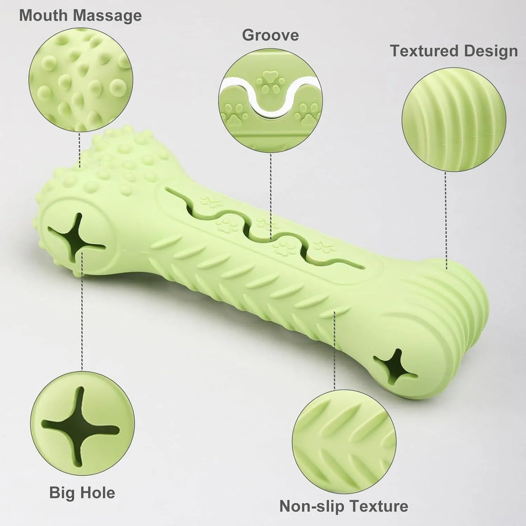 Blue bone-shaped dog chew toy made from natural rubber, showing uneven surface for teeth cleaning.
