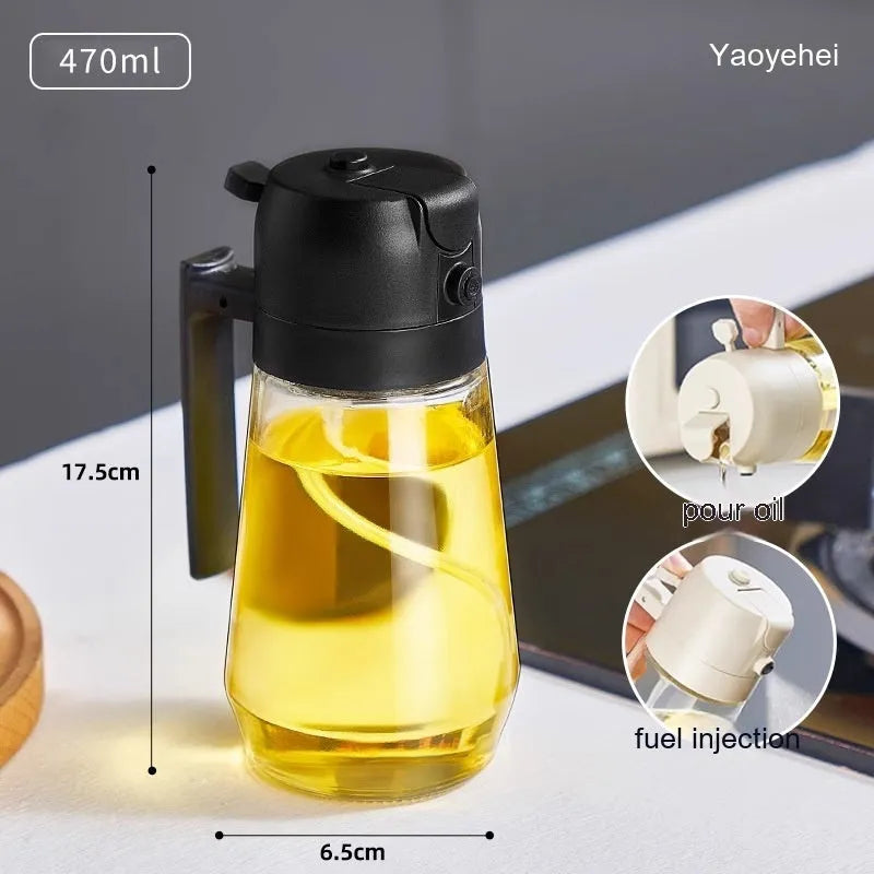 470ml glass oil sprayer dispenser with ergonomic handle in beige, black, green, or yellow colour options