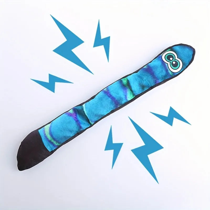 Multicolour snake-shaped plush dog squeaky toy with stripe print and no internal filling