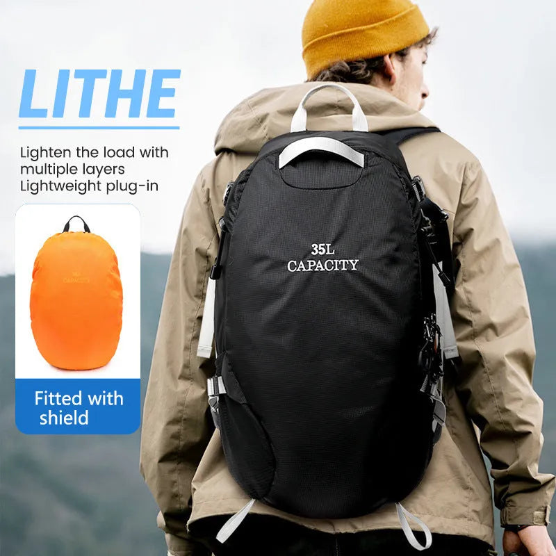 Solid-colour waterproof Oxford cloth hiking backpack with a structured back, shown in lake blue.