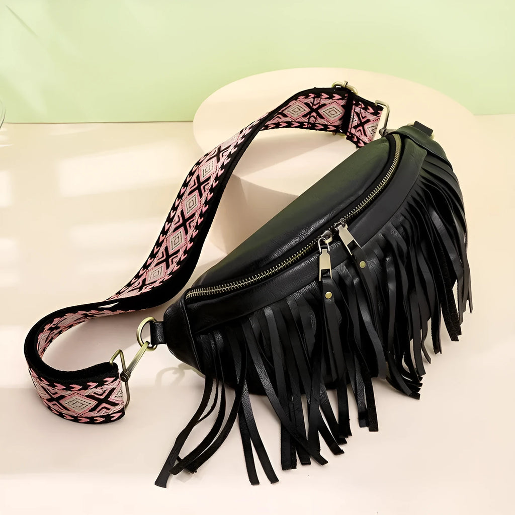 Retro style messenger bag with tassel decoration and pleated design in medium-soft PU material