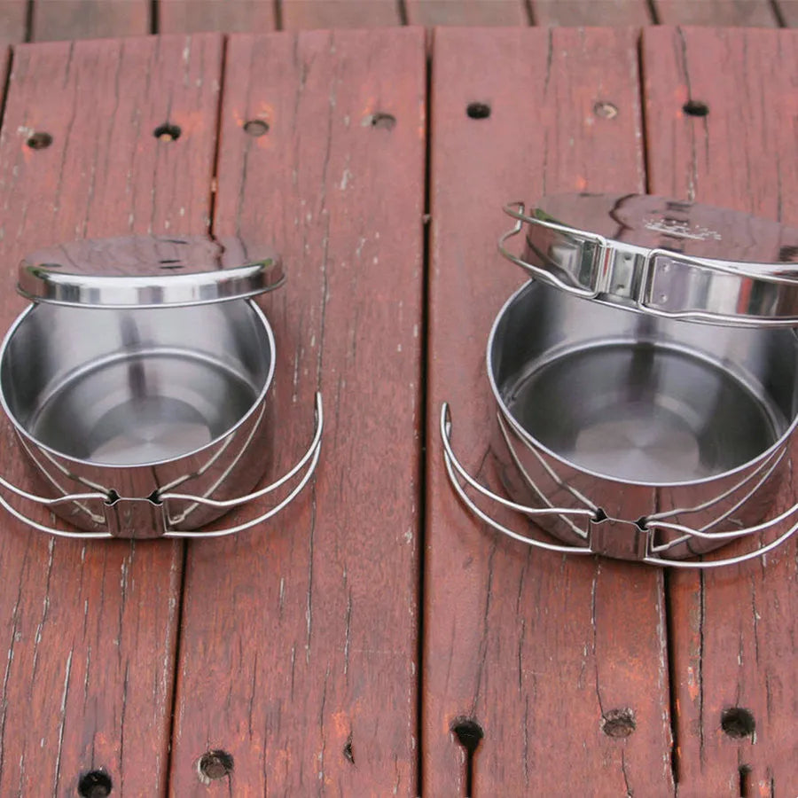 Silver stainless steel outdoor camping cookware pot set for 2-3 people