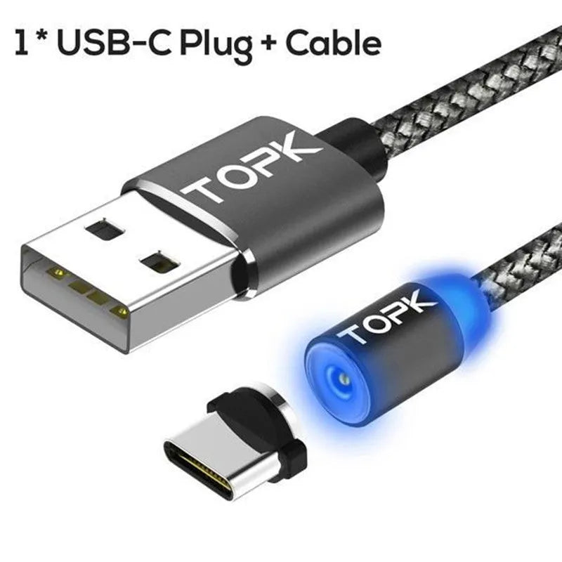 Magnetic data line with three plugs: Apple, Android, and Type-C, showing aluminium alloy shell and LED light