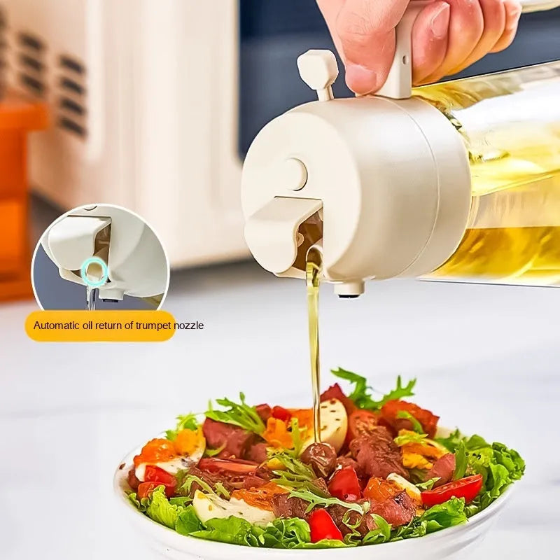 470ml glass oil sprayer dispenser with ergonomic handle in beige, black, green, or yellow colour options
