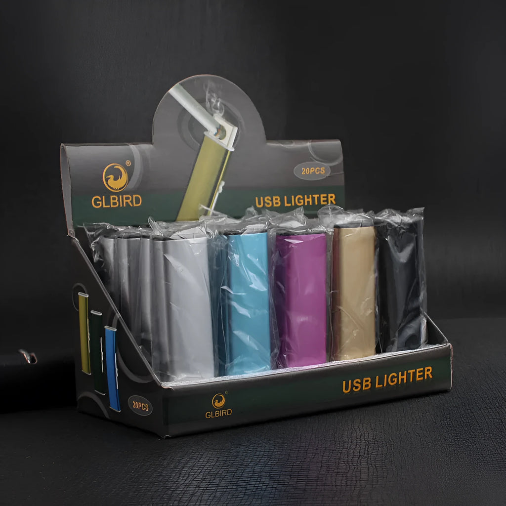 Set of twenty metal rechargeable windproof cigarette lighters in assorted random colours.