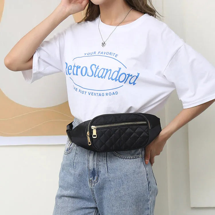 Rhombus nylon fanny pack for women in solid colour with zipper pockets and single soft handle for crossbody or waist wear.