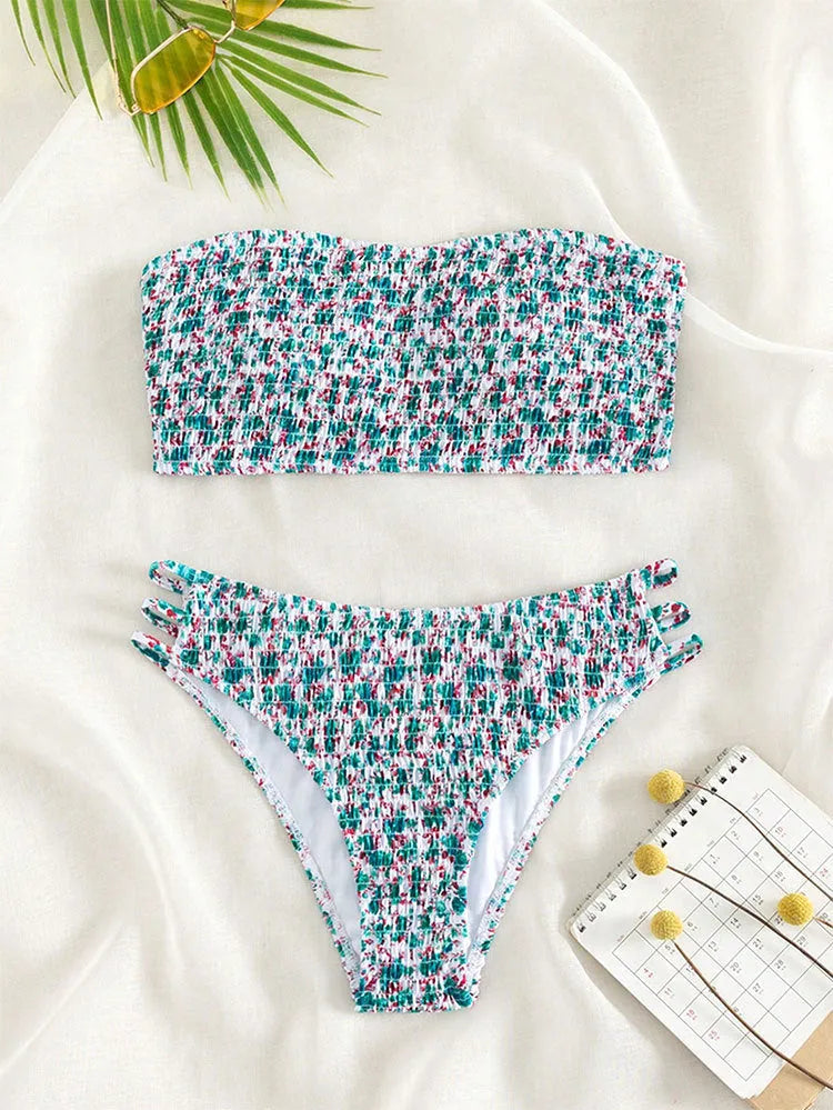 Women's strapless floral swimsuit with beauty back design and high waist briefs