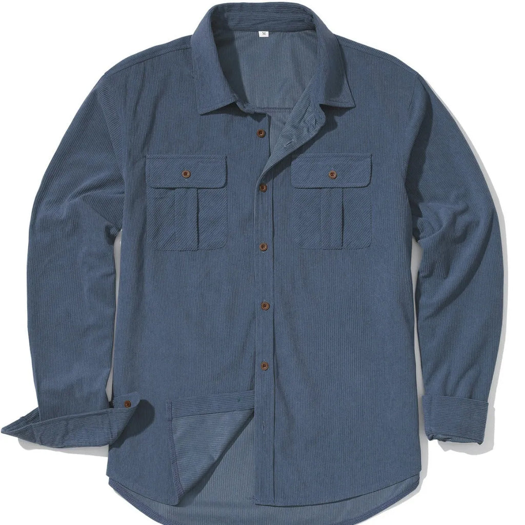 Men's loose-fit corduroy shirt in Japanese retro style with sanded velvet texture, shown in Army Green colour