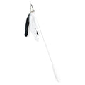Telescopic cat fishing rod extended, showing goose feather bell toy and removable pen on fibre shaft