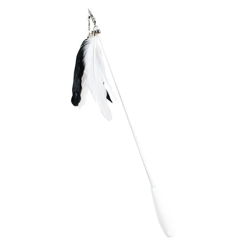 Telescopic cat fishing rod extended, showing goose feather bell toy and removable pen on fibre shaft