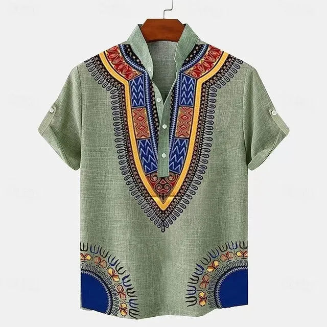Men's casual linen-style shirt with personalised buttons in striped pattern and loose fit