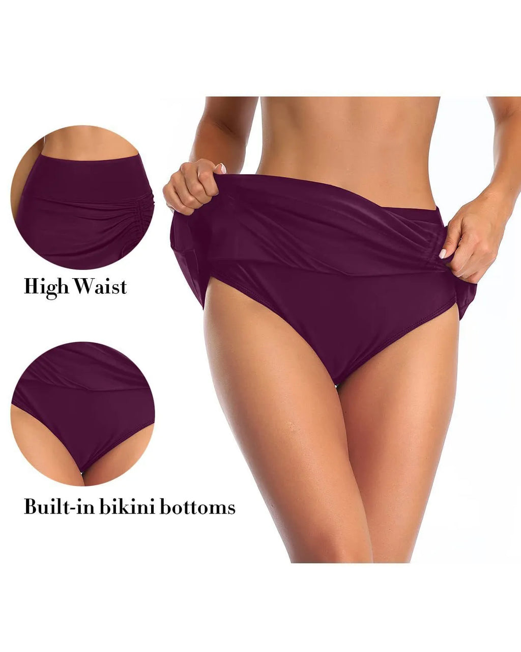 Women's solid colour lace-trim polyester swimming trunks shown in wine red, rose red, grey, black, and navy blue.