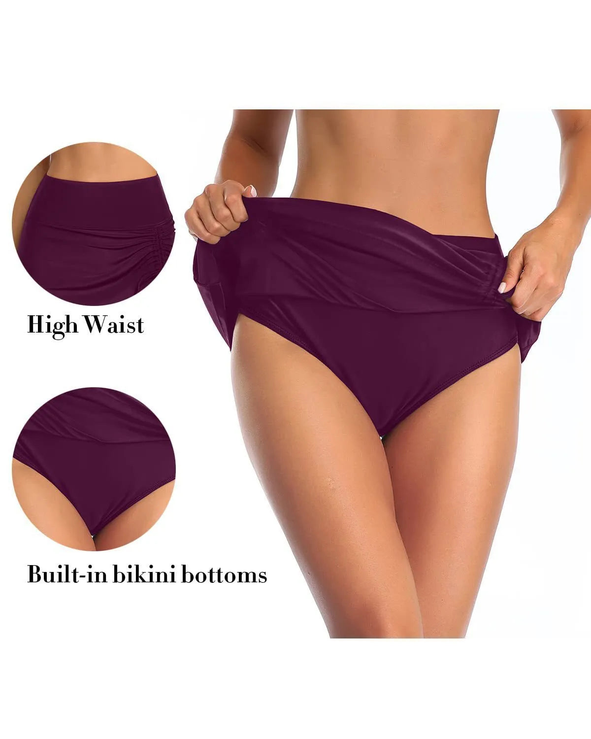 Women's solid colour lace-trim polyester swimming trunks shown in wine red, rose red, grey, black, and navy blue.